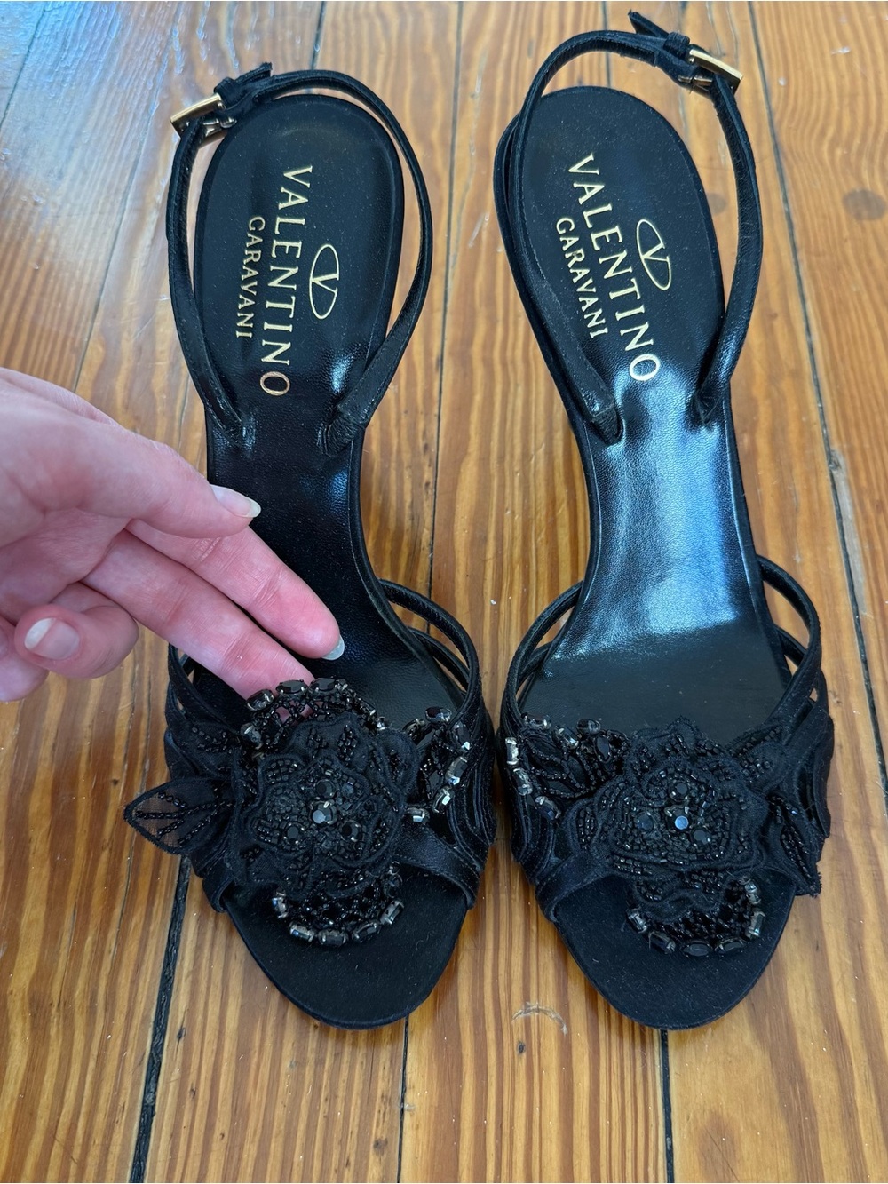Valentino Garavani Black Beaded Floral-Embellished Heeled Sandals
